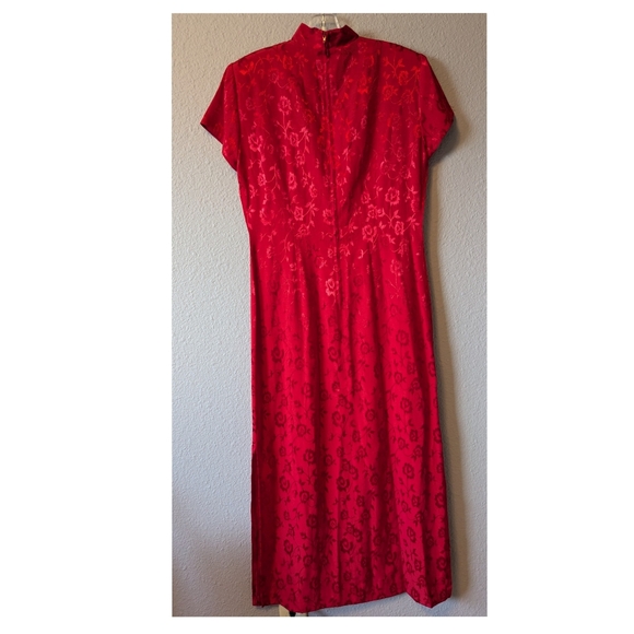 Vintage Asian Elegant Wine Red Maxi Dress 90s Y2k Jacquard Chinese Wedding Sz. 8 - Picture 7 of 13